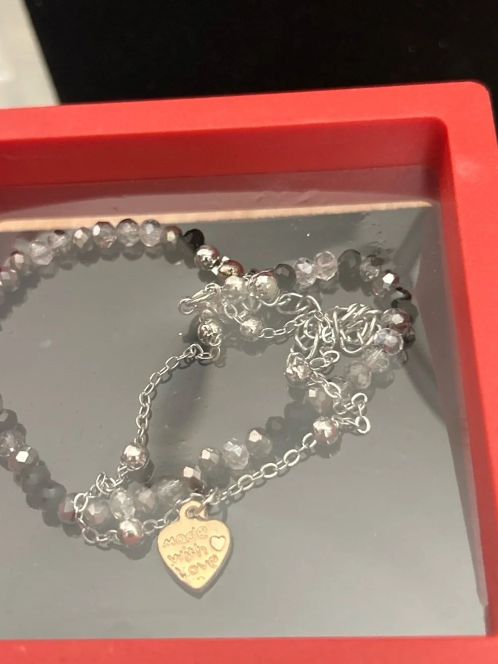 Heart Charm Double-Layer Bracelet in Silver and Black